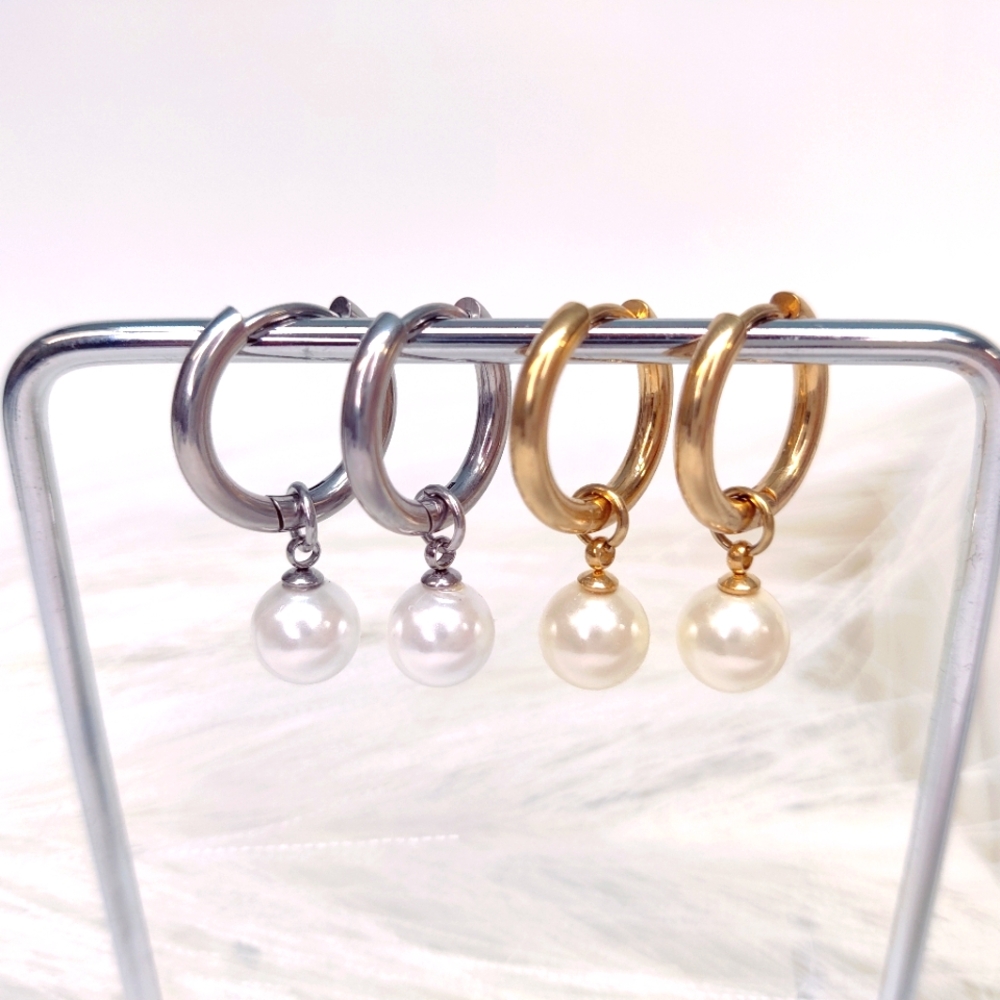 Elegant Silver and Gold Plated Pearl Hoop Earrings 2 pairs